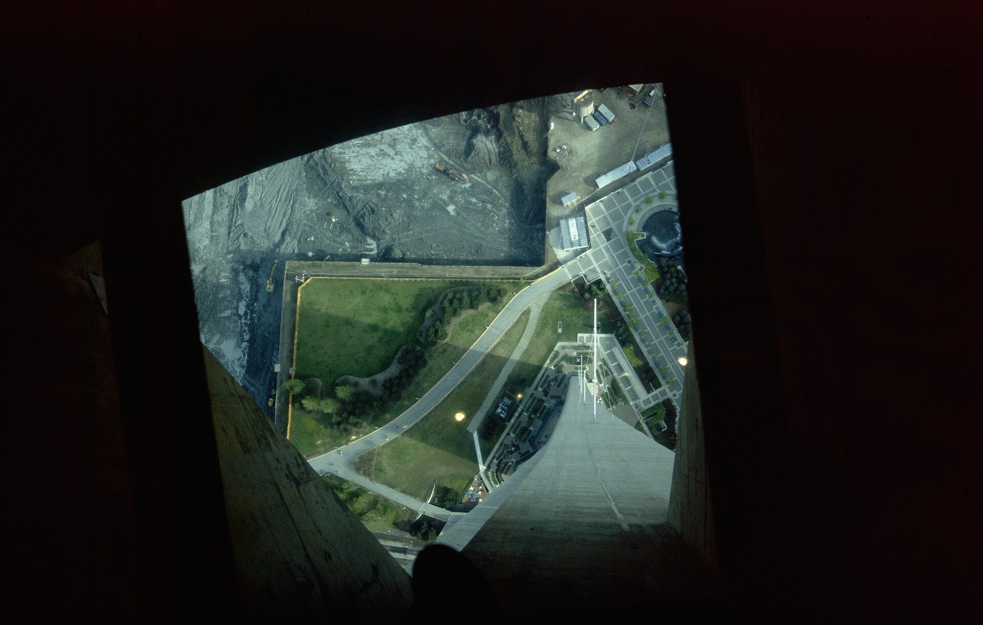 Looking straight down through the glass floor: 342 metres of clear air below your shoes.